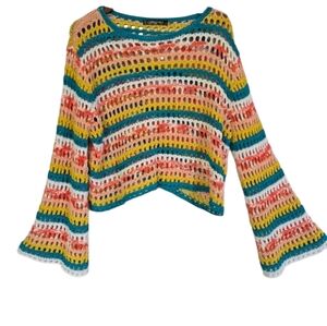 Gabby Isabella Crochet Knit Striped Boxy Sweater Medium